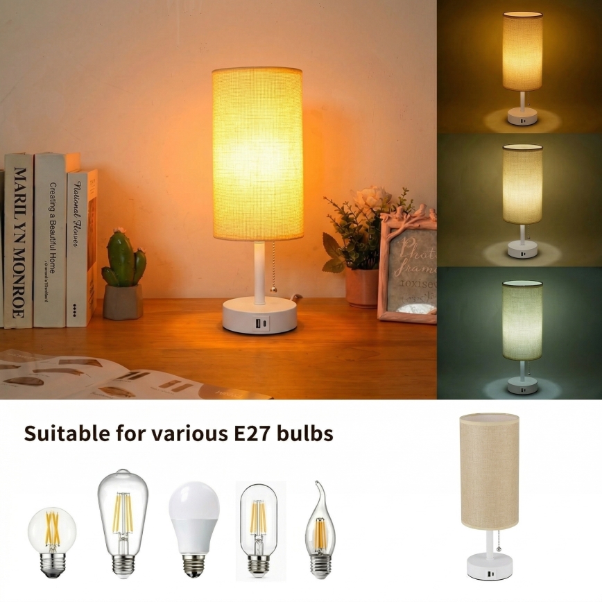 Brilagi - Lámpara de mesa con puerto USB TABLON 1xE27/25W/230V blanco/beige