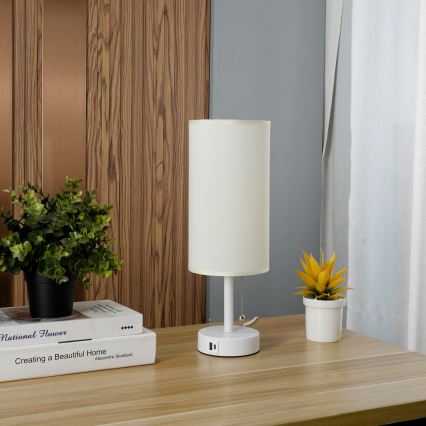 Brilagi - Lámpara de mesa con puerto USB TABLON 1xE27/25W/230V blanco/crema