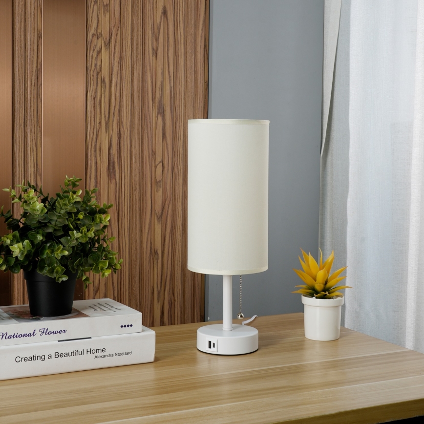 Brilagi - Lámpara de mesa con puerto USB TABLON 1xE27/25W/230V blanco/crema