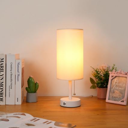 Brilagi - Lámpara de mesa con puerto USB TABLON 1xE27/25W/230V blanco/crema