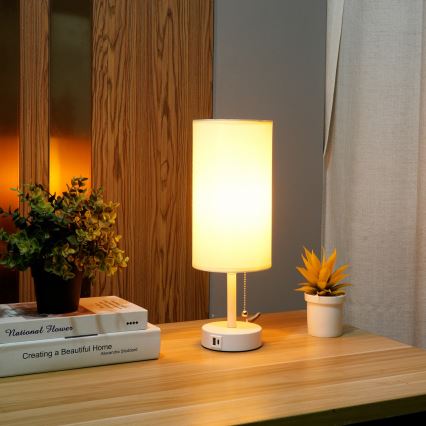 Brilagi - Lámpara de mesa con puerto USB TABLON 1xE27/25W/230V blanco/crema