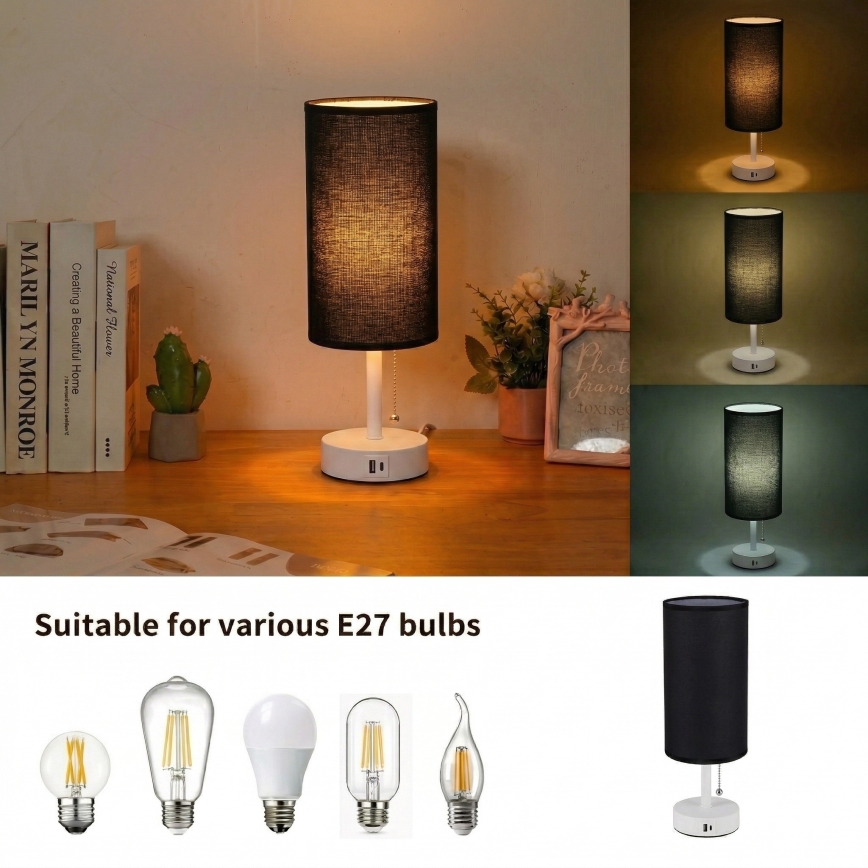 Brilagi - Lámpara de mesa con puerto USB TABLON 1xE27/25W/230V blanco/negro