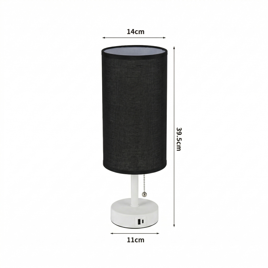 Brilagi - Lámpara de mesa con puerto USB TABLON 1xE27/25W/230V blanco/negro