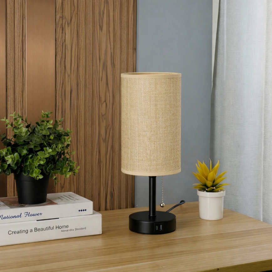 Brilagi - Lámpara de mesa con puerto USB TABLON 1xE27/25W/230V negra/beige