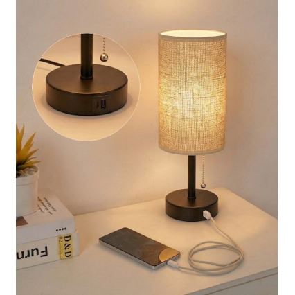 Brilagi - Lámpara de mesa con puerto USB TABLON 1xE27/25W/230V negra/beige
