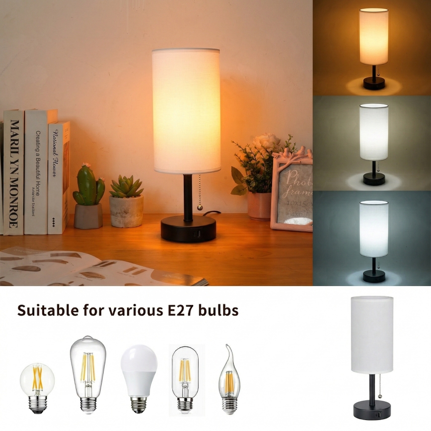 Brilagi - Lámpara de mesa con puerto USB TABLON 1xE27/25W/230V negra/blanca