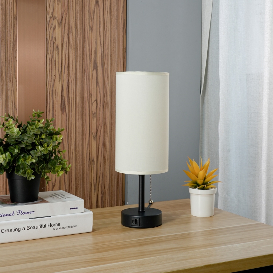 Brilagi - Lámpara de mesa con puerto USB TABLON 1xE27/25W/230V negro/crema