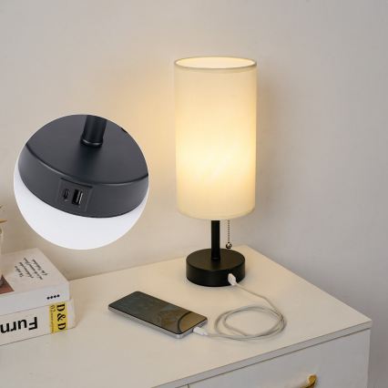 Brilagi - Lámpara de mesa con puerto USB TABLON 1xE27/25W/230V negro/crema