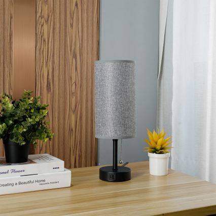Brilagi - Lámpara de mesa con puerto USB TABLON 1xE27/25W/230V negro/gris