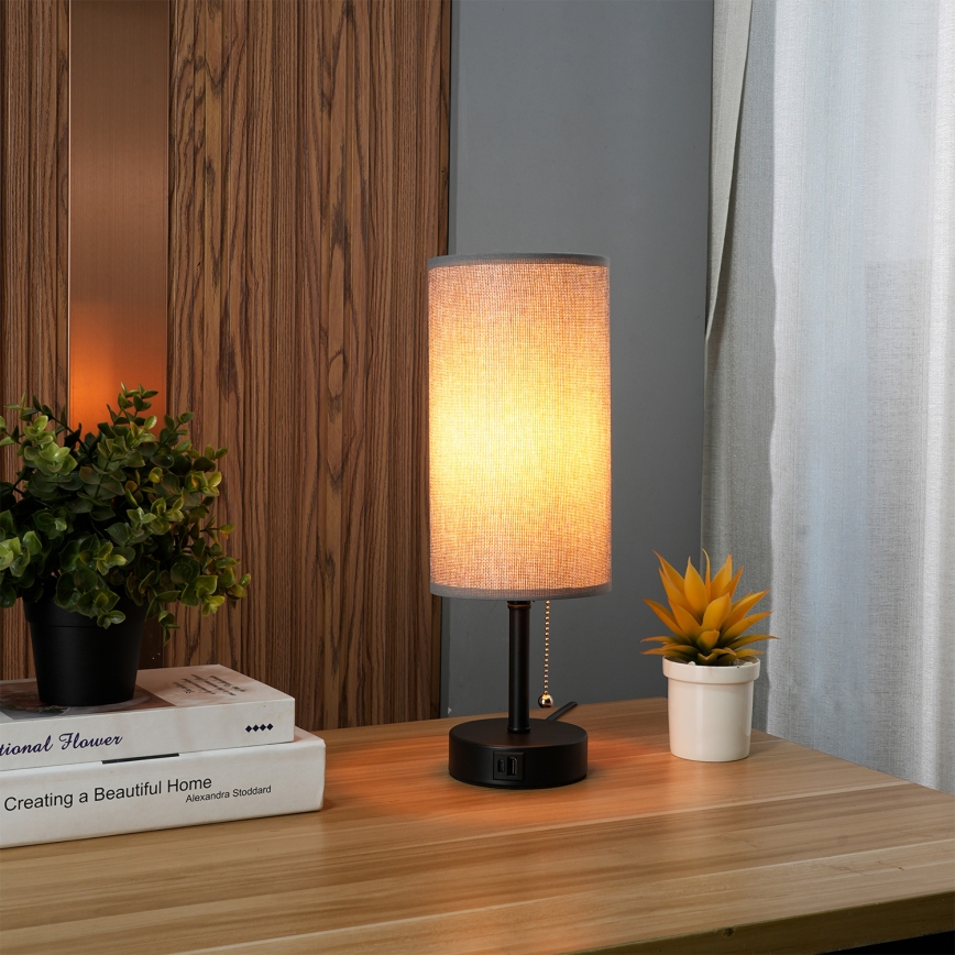 Brilagi - Lámpara de mesa con puerto USB TABLON 1xE27/25W/230V negro/gris