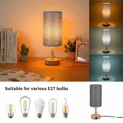 Brilagi - Lámpara de mesa con puerto USB TABLON 1xE27/25W/230V roble/beige/gris