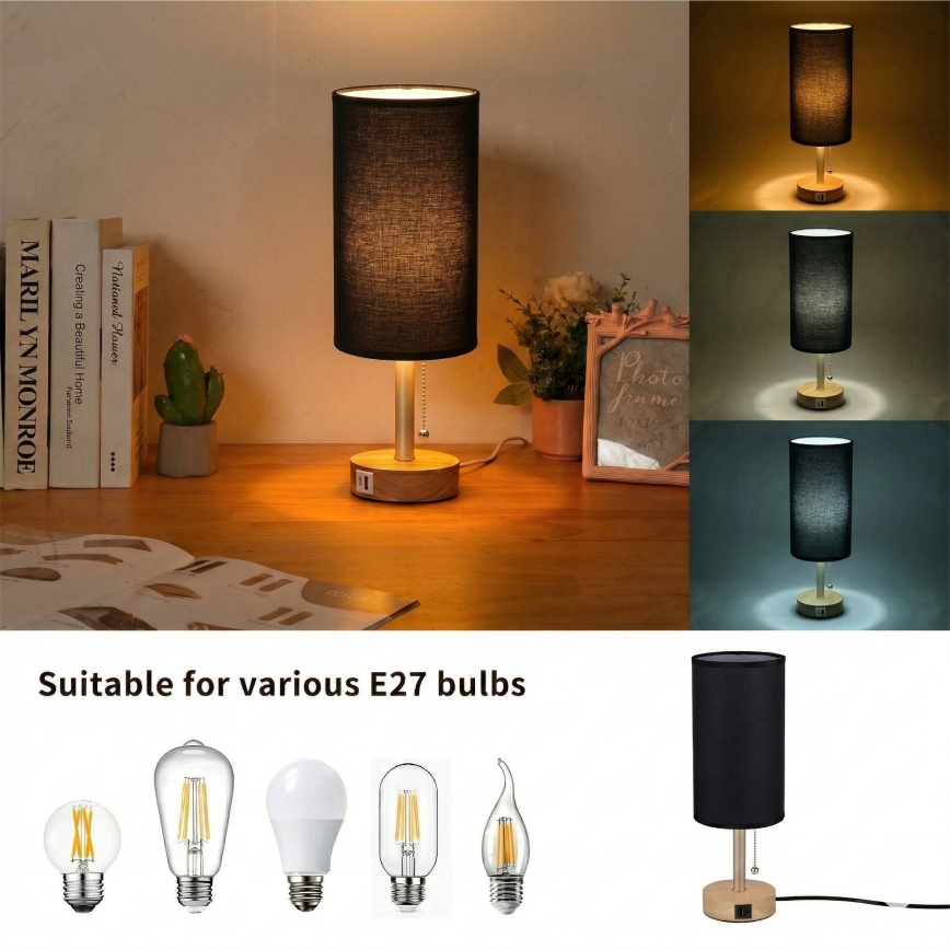 Brilagi - Lámpara de mesa con puerto USB TABLON 1xE27/25W/230V roble/beige/negro