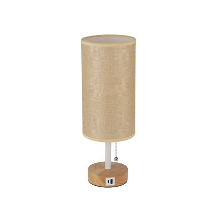 Brilagi - Lámpara de mesa con puerto USB TABLON 1xE27/25W/230V roble/blanco/beige