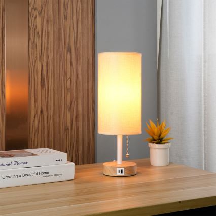 Brilagi - Lámpara de mesa con puerto USB TABLON 1xE27/25W/230V roble/blanco/beige