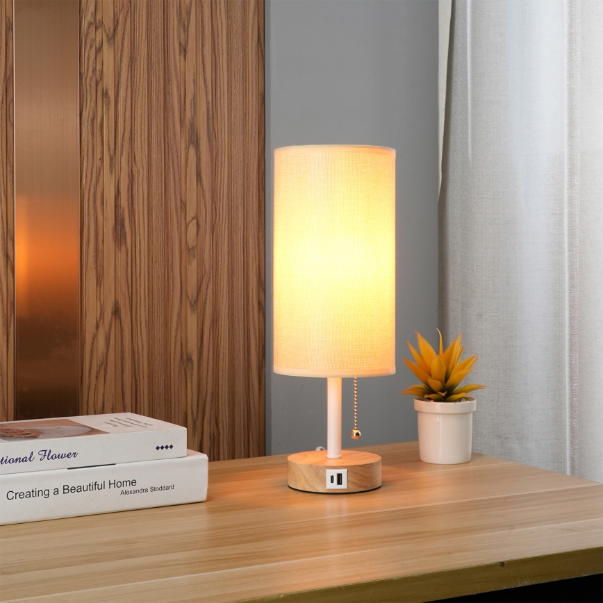 Brilagi - Lámpara de mesa con puerto USB TABLON 1xE27/25W/230V roble/blanco/beige
