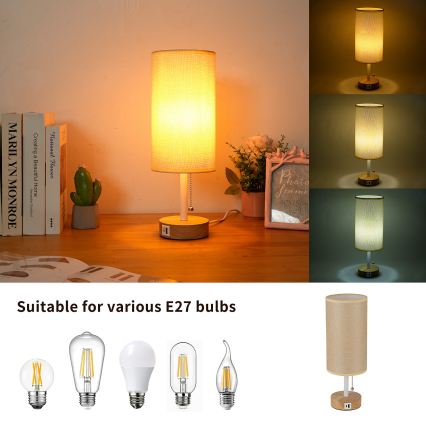 Brilagi - Lámpara de mesa con puerto USB TABLON 1xE27/25W/230V roble/blanco/beige