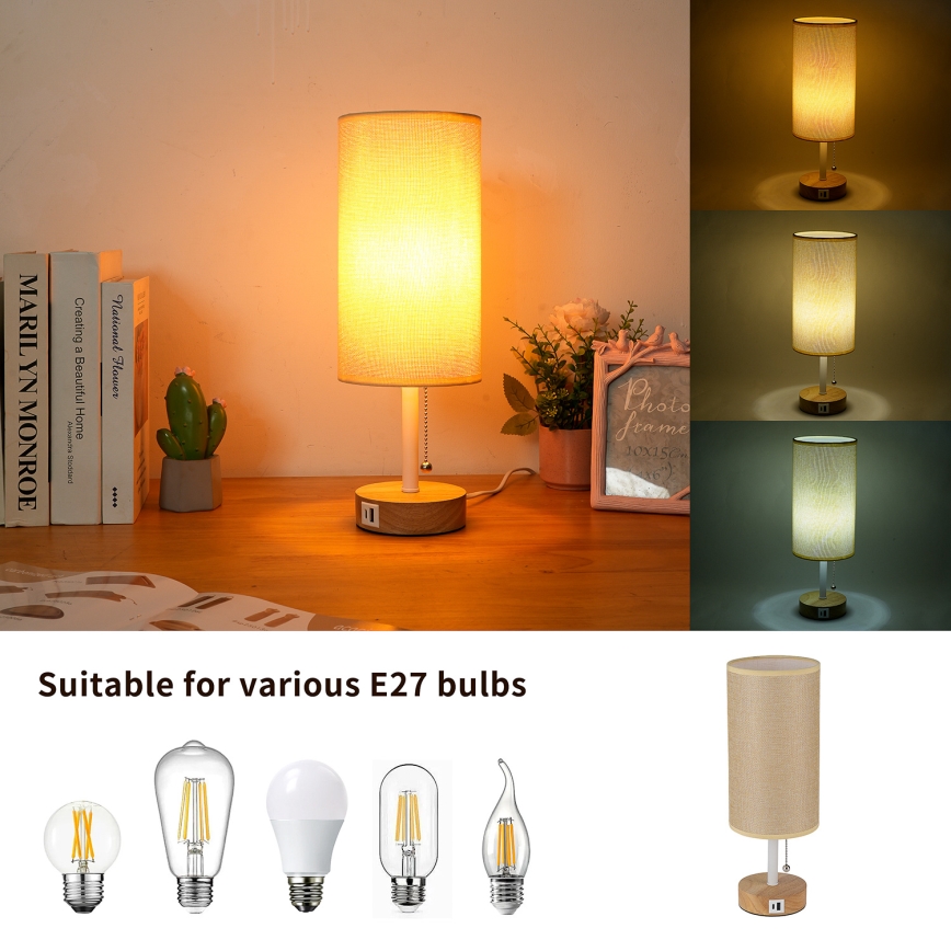 Brilagi - Lámpara de mesa con puerto USB TABLON 1xE27/25W/230V roble/blanco/beige