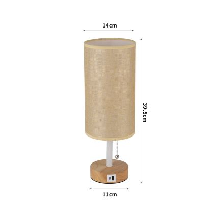 Brilagi - Lámpara de mesa con puerto USB TABLON 1xE27/25W/230V roble/blanco/beige