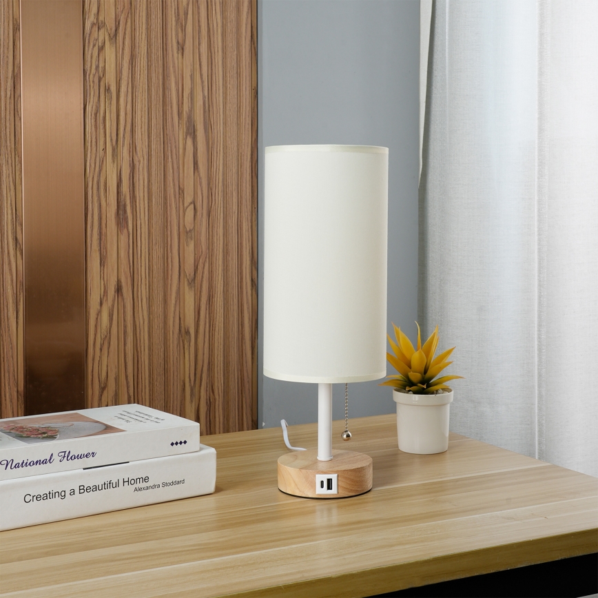 Brilagi - Lámpara de mesa con puerto USB TABLON 1xE27/25W/230V roble/blanco/crema