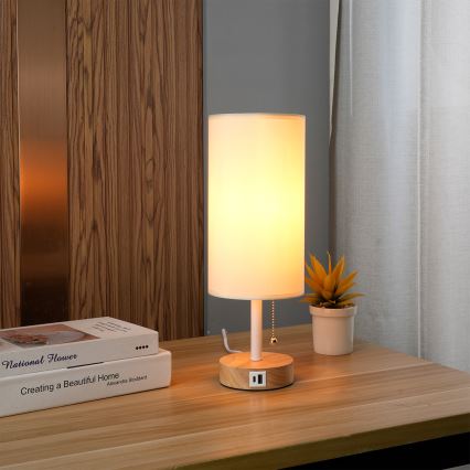 Brilagi - Lámpara de mesa con puerto USB TABLON 1xE27/25W/230V roble/blanco/crema