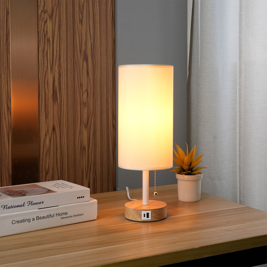 Brilagi - Lámpara de mesa con puerto USB TABLON 1xE27/25W/230V roble/blanco/crema