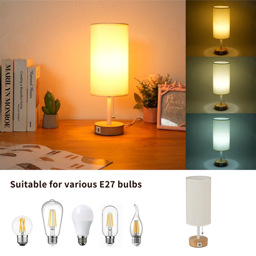 Brilagi - Lámpara de mesa con puerto USB TABLON 1xE27/25W/230V roble/blanco/crema