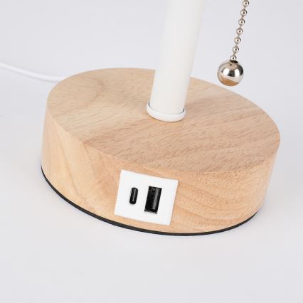 Brilagi - Lámpara de mesa con puerto USB TABLON 1xE27/25W/230V roble/blanco/crema