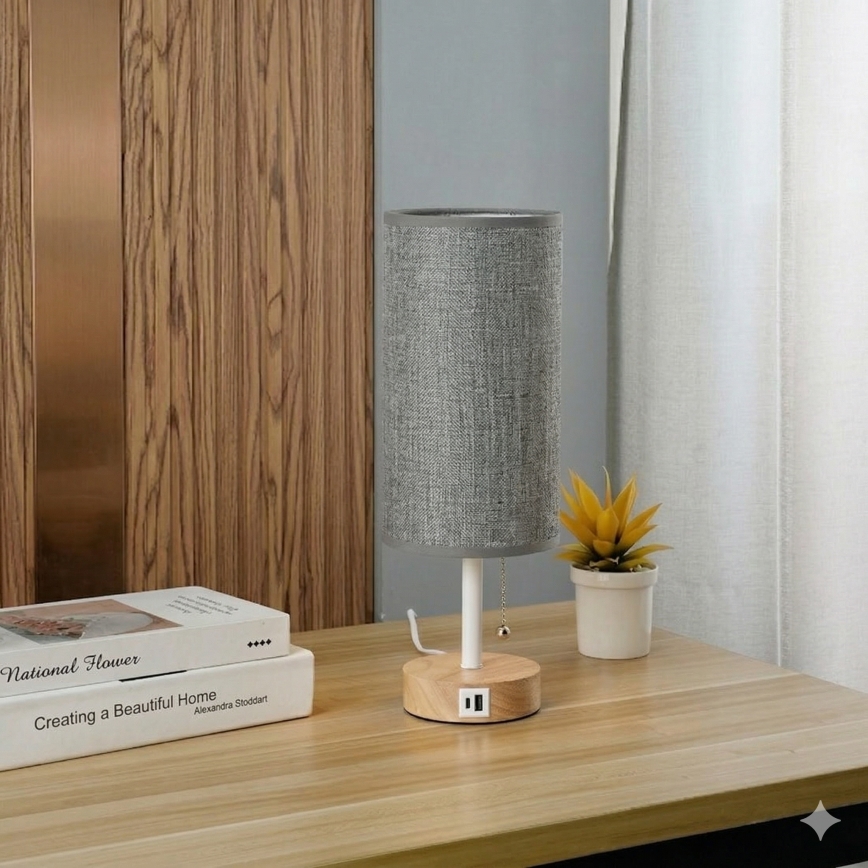 Brilagi - Lámpara de mesa con puerto USB TABLON 1xE27/25W/230V roble/blanco/gris