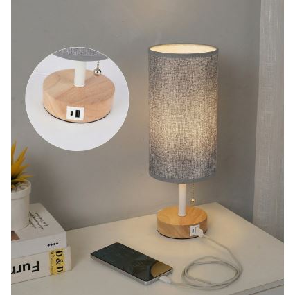Brilagi - Lámpara de mesa con puerto USB TABLON 1xE27/25W/230V roble/blanco/gris