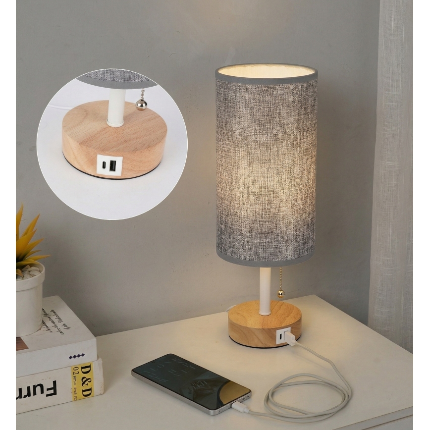 Brilagi - Lámpara de mesa con puerto USB TABLON 1xE27/25W/230V roble/blanco/gris