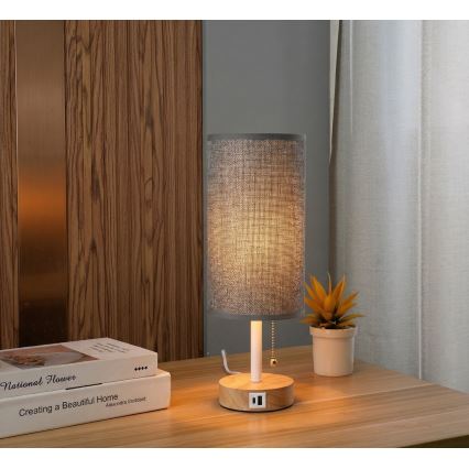 Brilagi - Lámpara de mesa con puerto USB TABLON 1xE27/25W/230V roble/blanco/gris