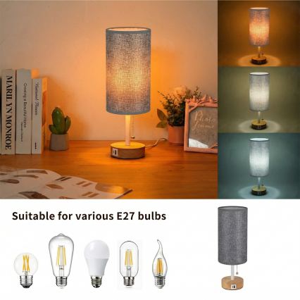 Brilagi - Lámpara de mesa con puerto USB TABLON 1xE27/25W/230V roble/blanco/gris