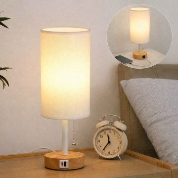 Brilagi - Lámpara de mesa con puerto USB TABLON 1xE27/25W/230V roble/blanco