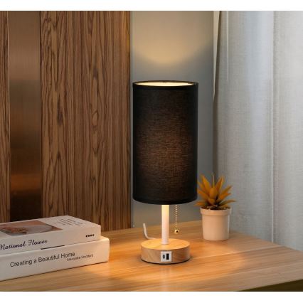 Brilagi - Lámpara de mesa con puerto USB TABLON 1xE27/25W/230V roble/blanco/negro