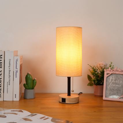 Brilagi - Lámpara de mesa con puerto USB TABLON 1xE27/25W/230V roble/negro/beige