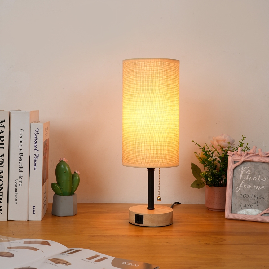 Brilagi - Lámpara de mesa con puerto USB TABLON 1xE27/25W/230V roble/negro/beige
