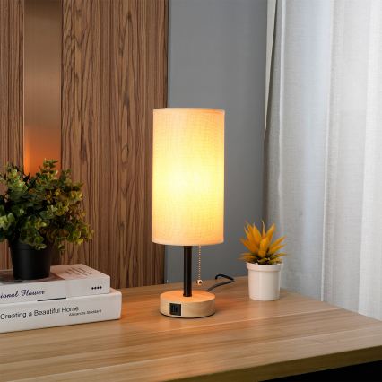 Brilagi - Lámpara de mesa con puerto USB TABLON 1xE27/25W/230V roble/negro/beige