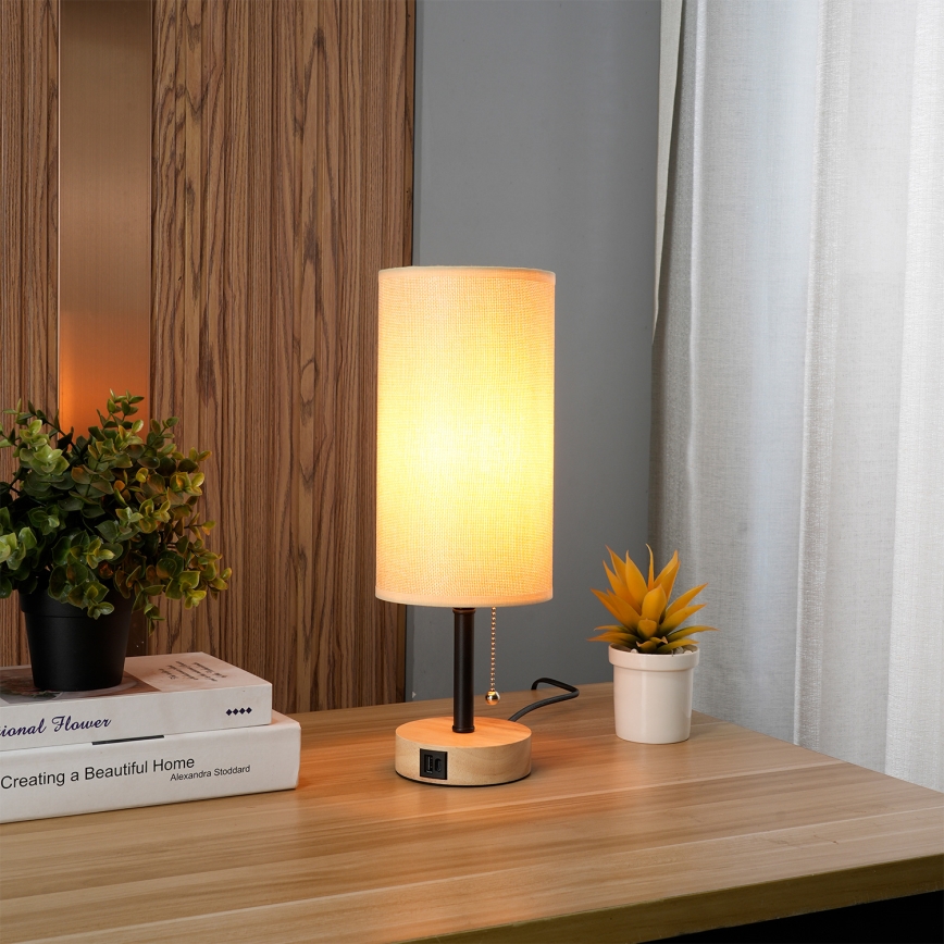 Brilagi - Lámpara de mesa con puerto USB TABLON 1xE27/25W/230V roble/negro/beige