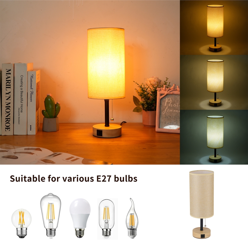 Brilagi - Lámpara de mesa con puerto USB TABLON 1xE27/25W/230V roble/negro/beige