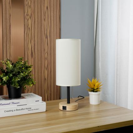 Brilagi - Lámpara de mesa con puerto USB TABLON 1xE27/25W/230V roble/negro/crema