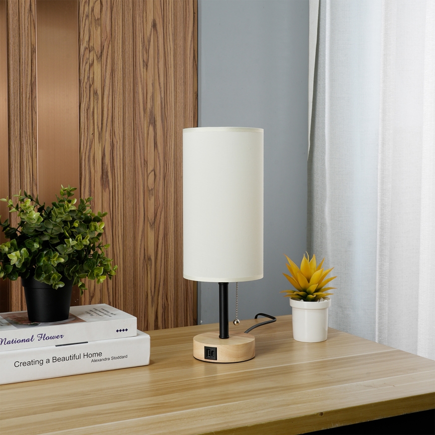 Brilagi - Lámpara de mesa con puerto USB TABLON 1xE27/25W/230V roble/negro/crema