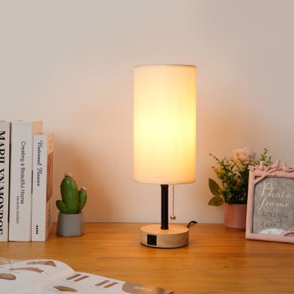Brilagi - Lámpara de mesa con puerto USB TABLON 1xE27/25W/230V roble/negro/crema