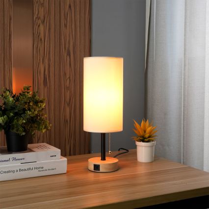 Brilagi - Lámpara de mesa con puerto USB TABLON 1xE27/25W/230V roble/negro/crema