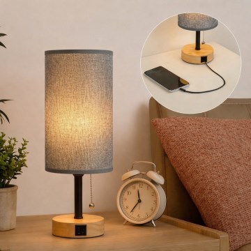 Brilagi - Lámpara de mesa con puerto USB TABLON 1xE27/25W/230V roble/negro/gris