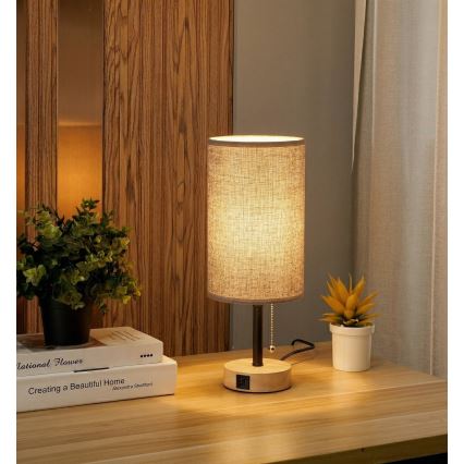 Brilagi - Lámpara de mesa con puerto USB TABLON 1xE27/25W/230V roble/negro/gris