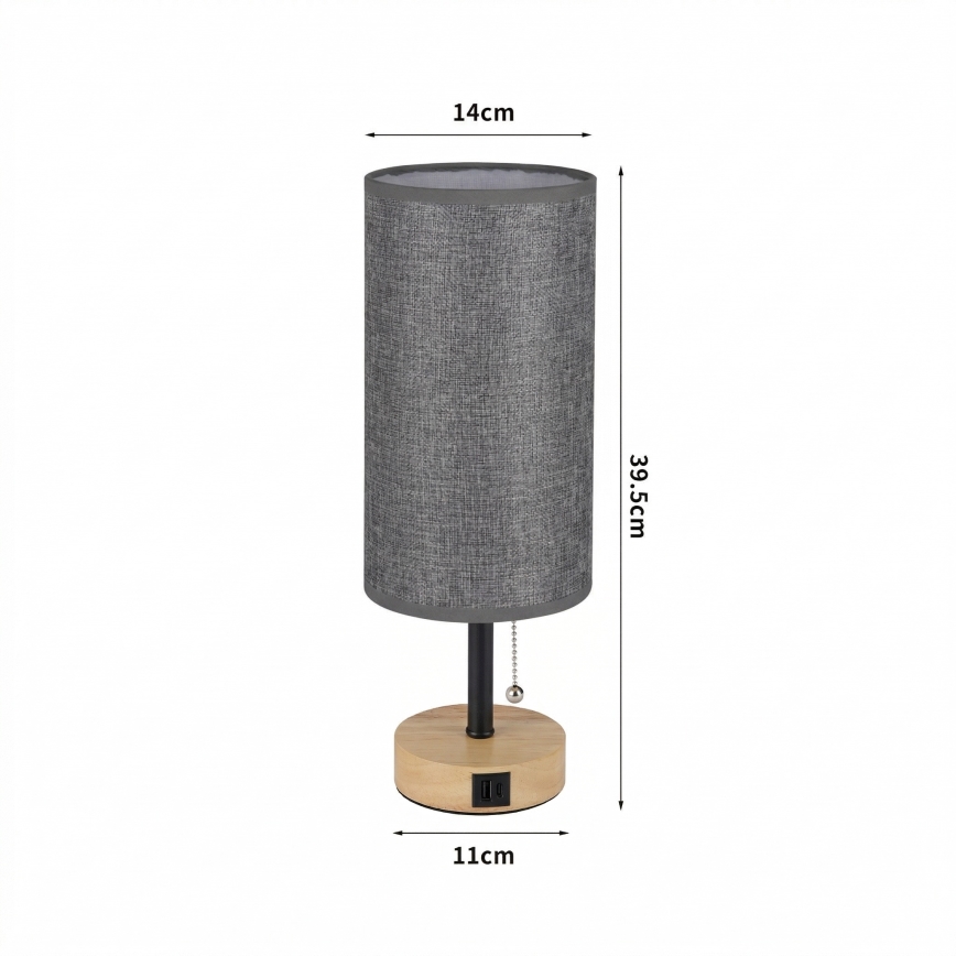 Brilagi - Lámpara de mesa con puerto USB TABLON 1xE27/25W/230V roble/negro/gris