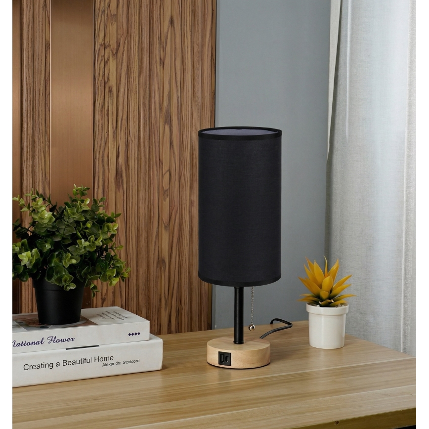 Brilagi - Lámpara de mesa con puerto USB TABLON 1xE27/25W/230V roble/negro