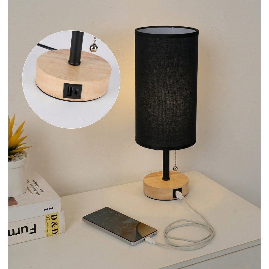 Brilagi - Lámpara de mesa con puerto USB TABLON 1xE27/25W/230V roble/negro