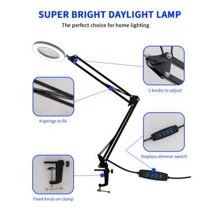 Brilagi - Lámpara de mesa LED regulable con una lupa LENS LED/12W/5V 3000/4200/6000K negro