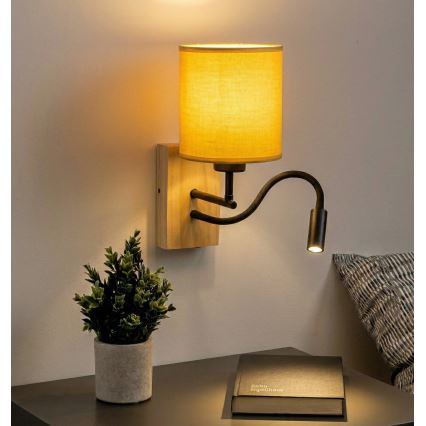 Brilagi - Lámpara de pared LED flexible NUBILA WOOD 1xE27/25W/230V + LED/3W roble/negro/amarillo